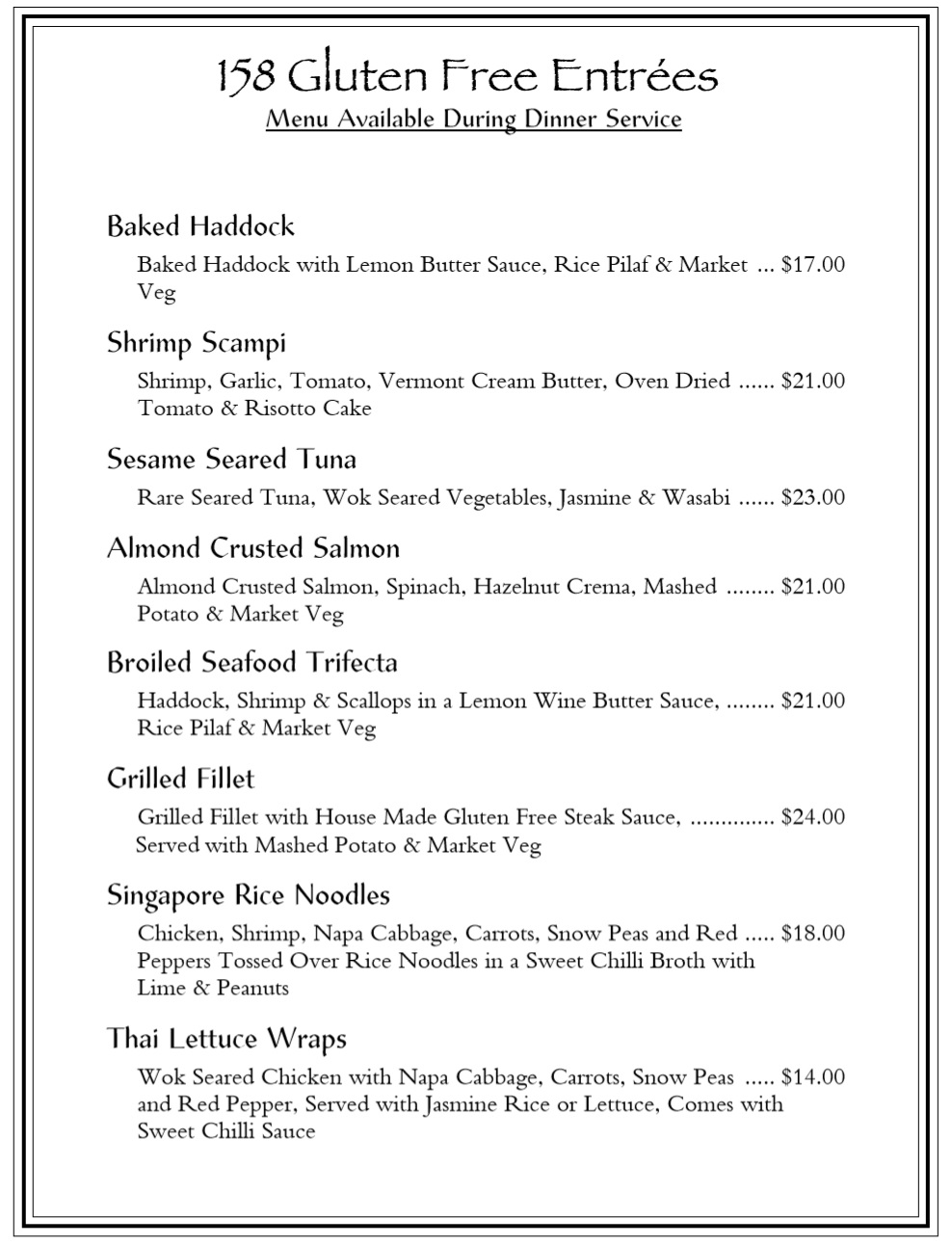 Gluten Free Menu