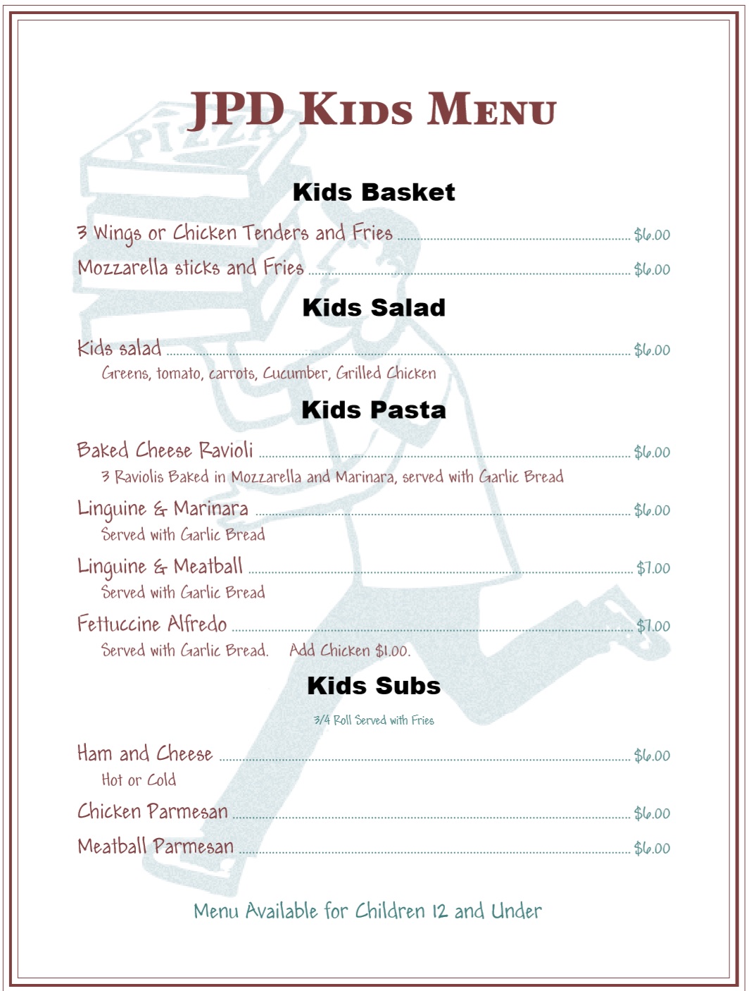 Jeffersonville Pizza Department Kids' Menu