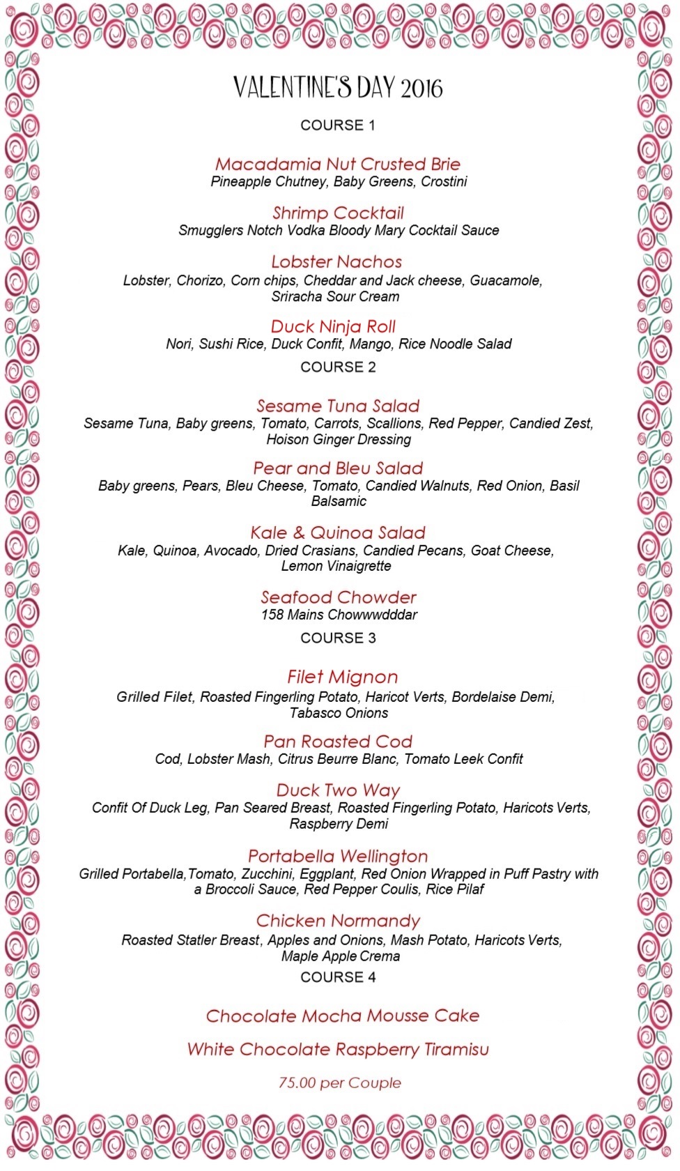 158 Main - Valentine's Dinner Menu 2016